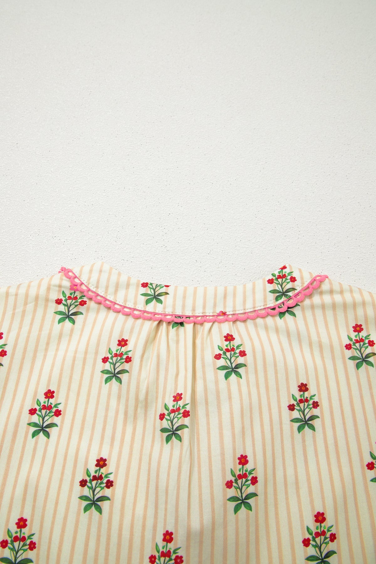 Apricot Striped Floral Print Contrast Detail Ruffle Hem Short Dress