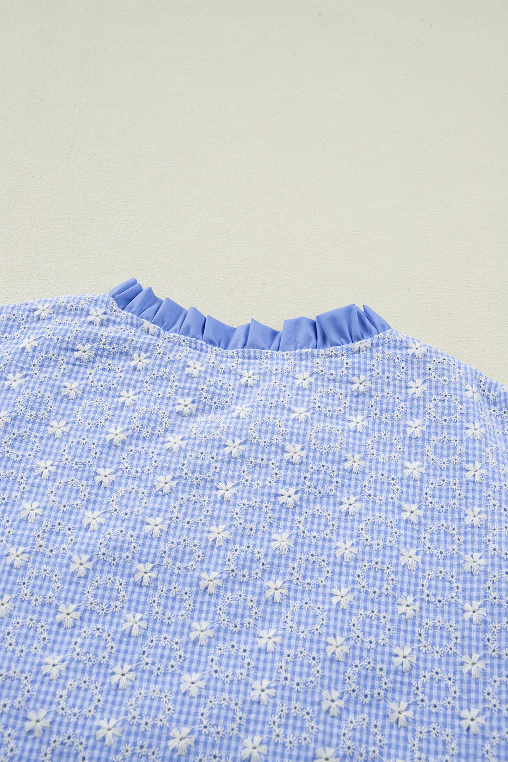 Beau Blue Eyelet Embroidered Flower Texture Contrast Lace Trim Flutter Sleeve Blouse
