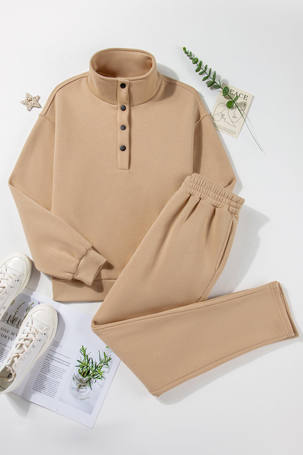 Perkament vaste halve knop sweatshirt en set met hoge taille