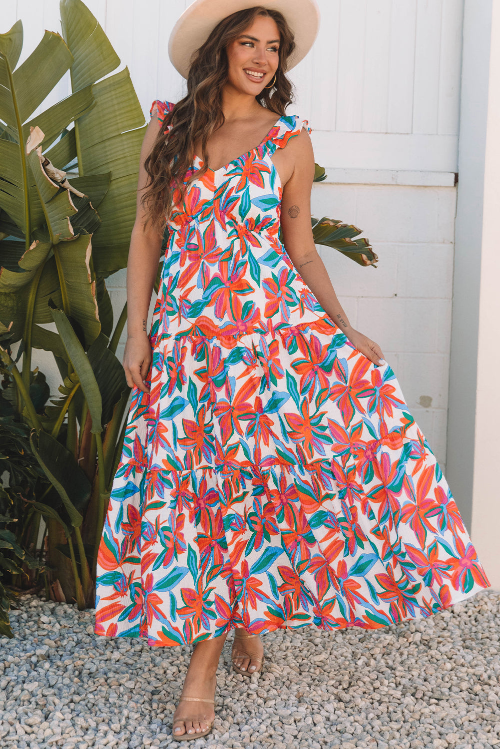 Red Boho Floral Ruffled Strap V Neck Maxi Dress
