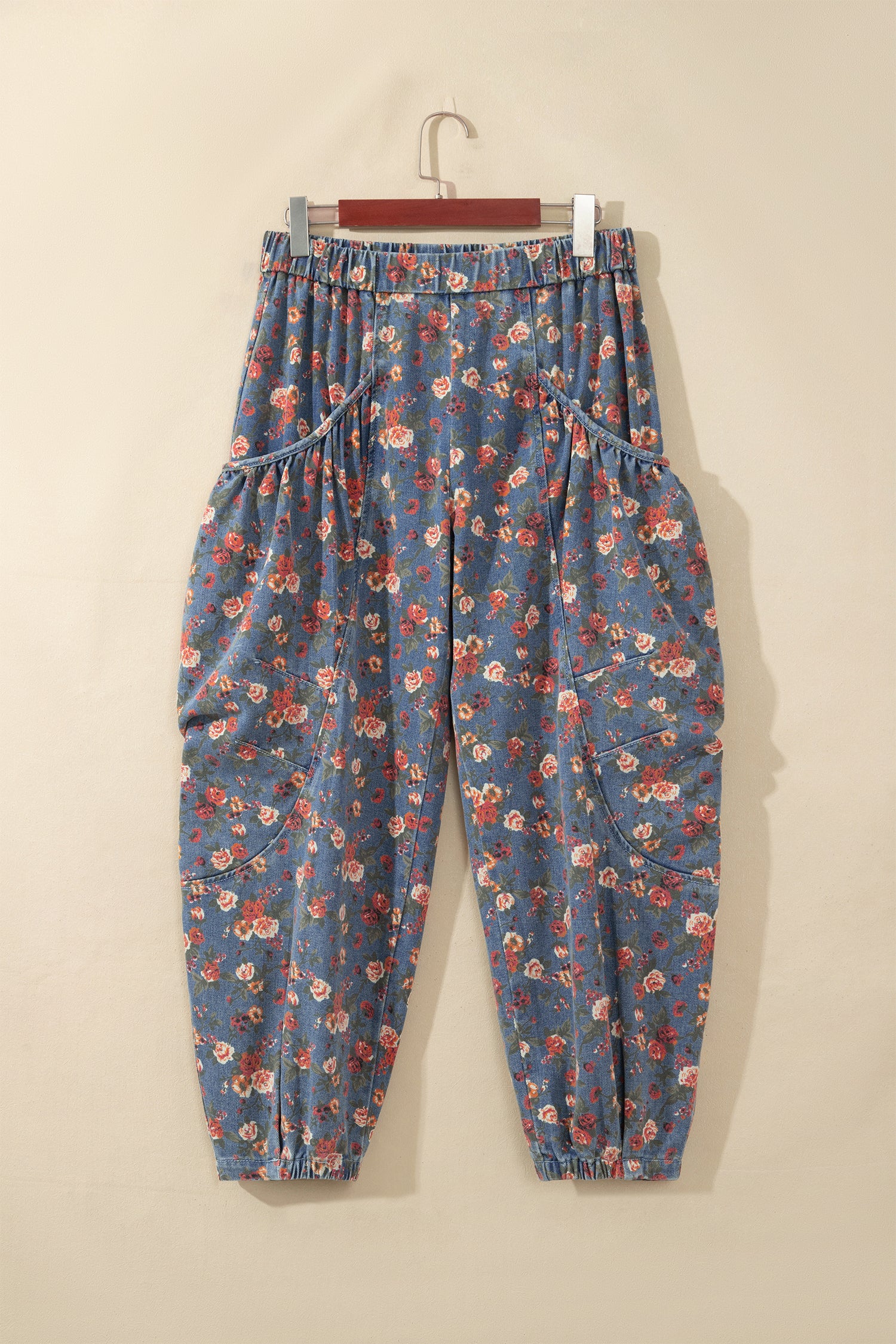 Beau Blue Retro Floral Print Elastic Waist Pocketed Barrel Jeans