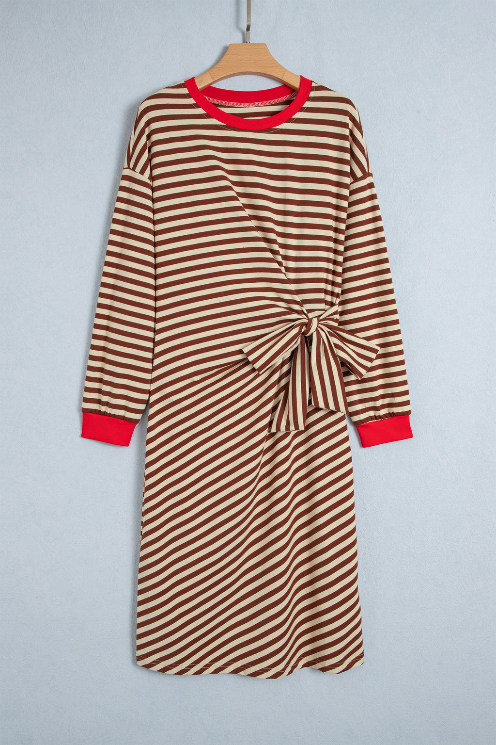 Brown Stripe Striped Colorblock Cuffs Round Neck Long Sleeve Shift Dress