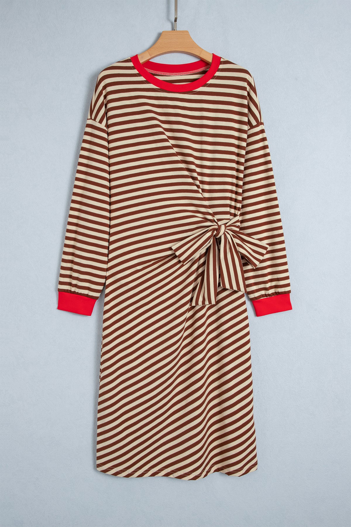 Brown Stripe Striped Colorblock Cuffs Round Neck Long Sleeve Shift Dress