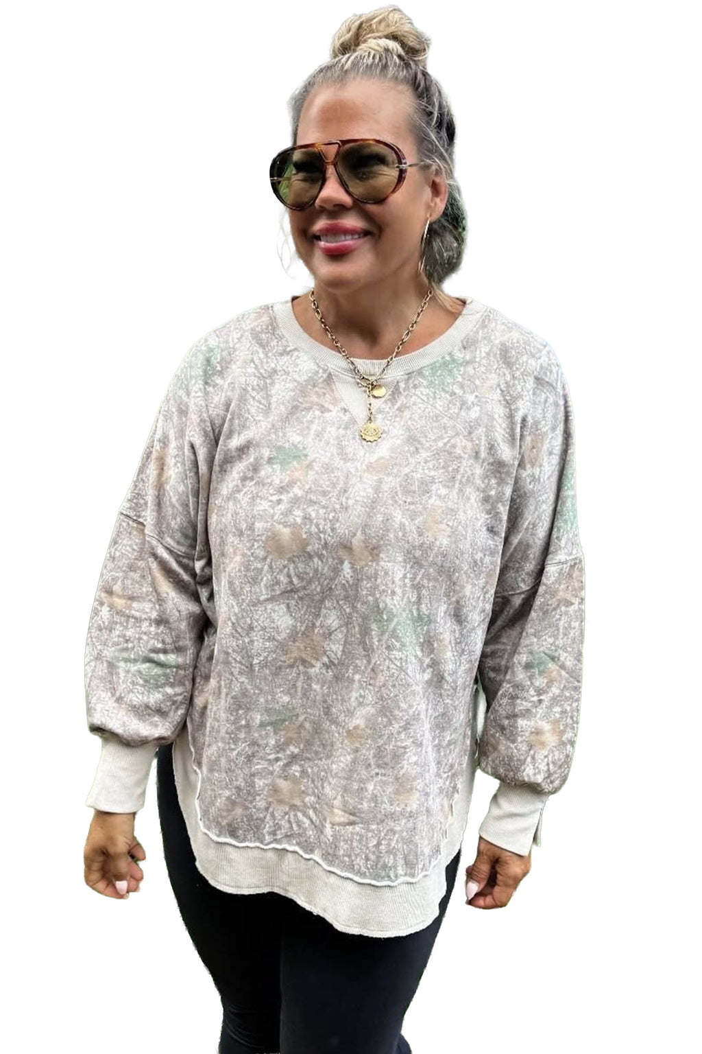 Khaki Camouflage Print Round Neck Long Sleeve Shift Plus Size Sweatshirt