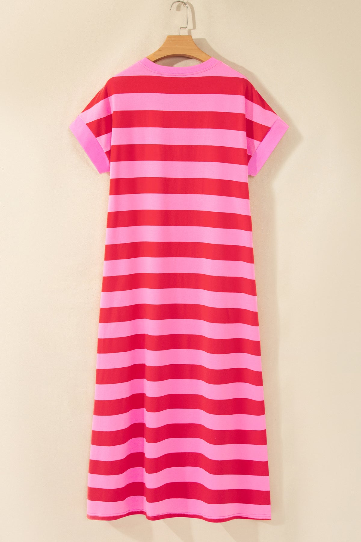 Orange Stripe Cuffed Short Sleeve Pocketed Casual T Shirt Long Dress