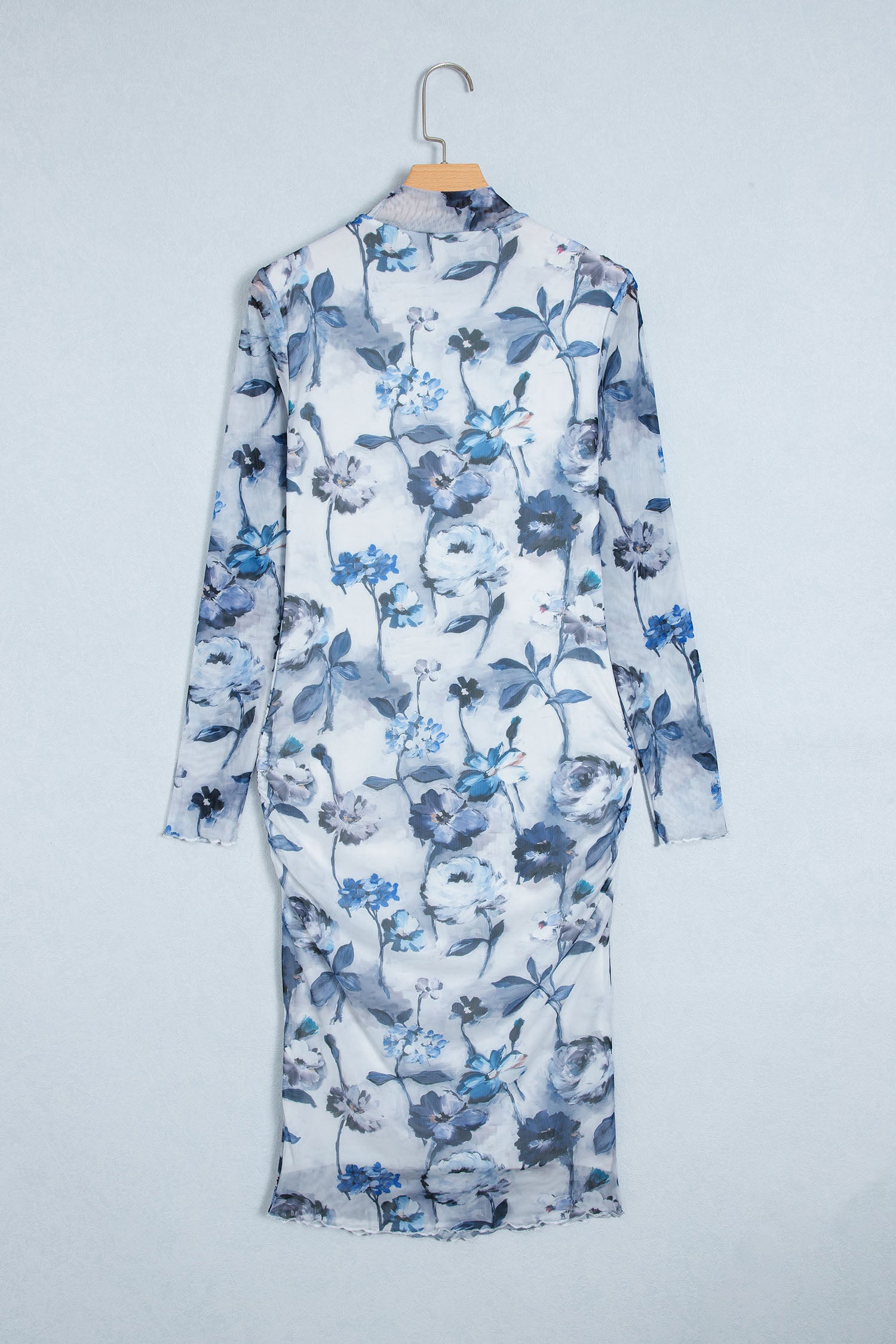 Sky Blue Floral Print Sheath Elegant Long Sleeve Dress
