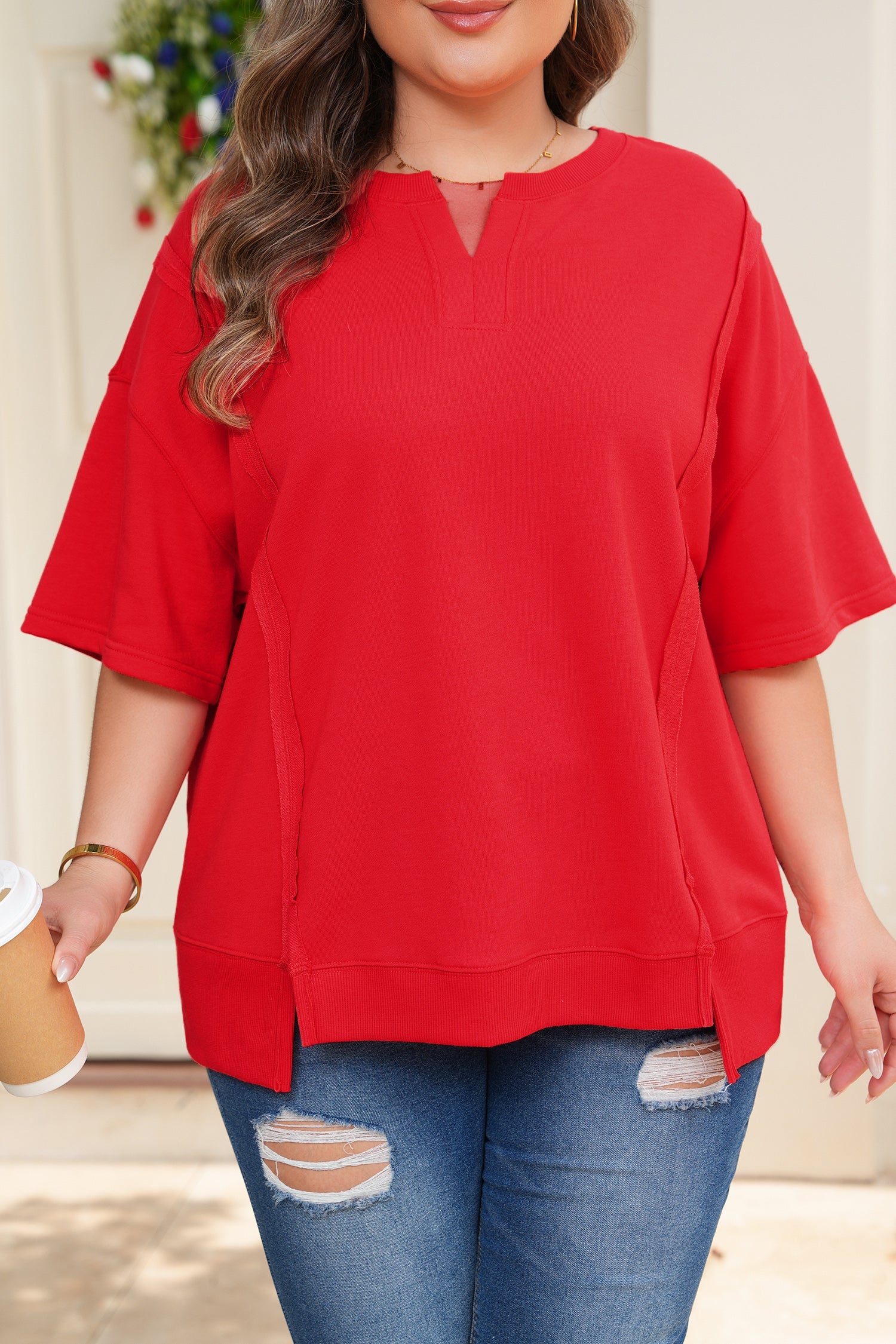 Fiery Red Plus Size Solid Color Notched Neck Seam Detail Patchwork Short Sleeve Top