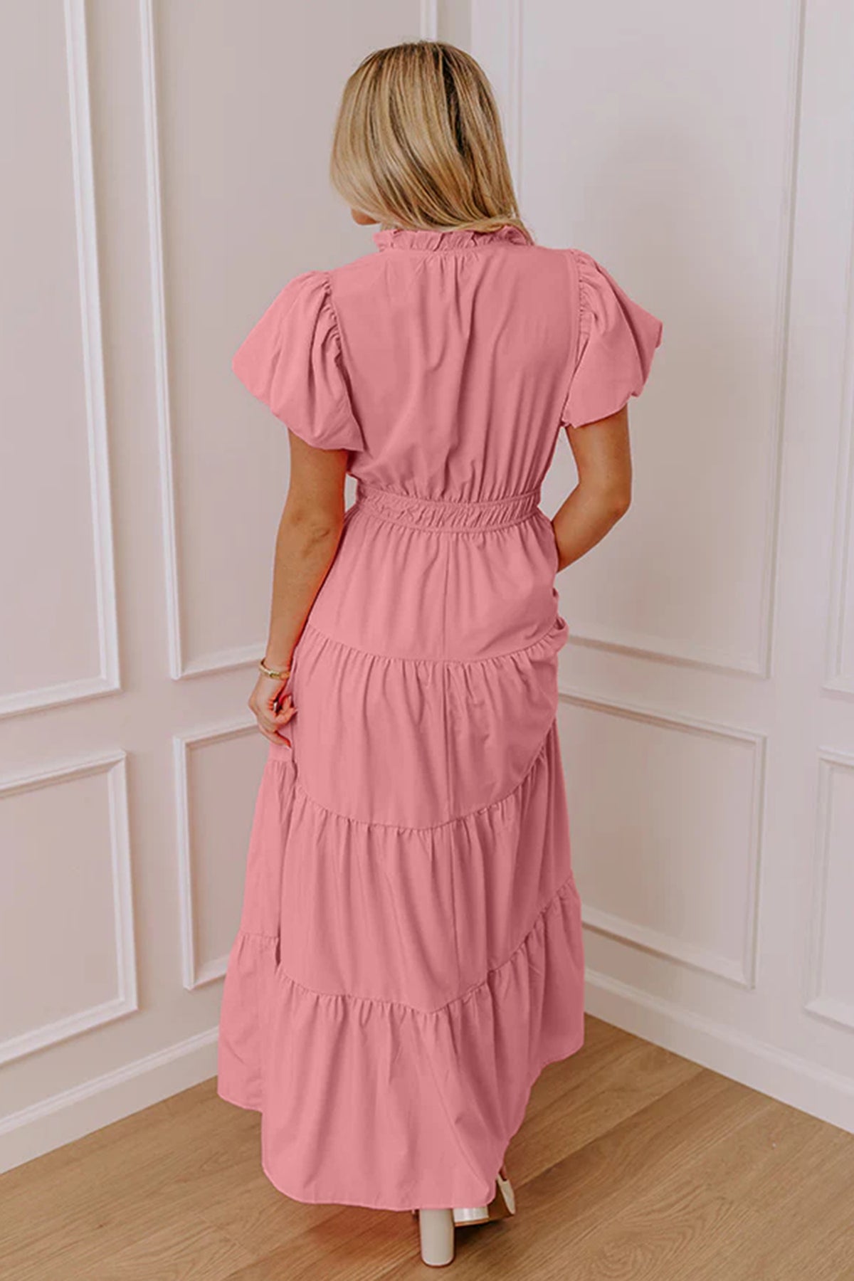 Coral Solid Color V Neck Short Puff Sleeve High Waist Tiered Maxi Dress