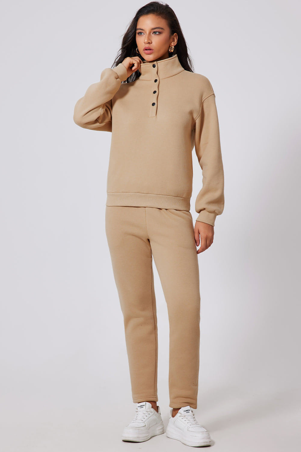 Perkament vaste halve knop sweatshirt en set met hoge taille
