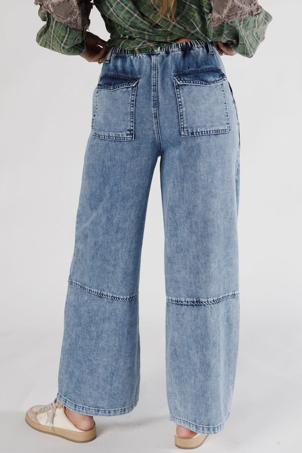 Ashleigh Blue Acid Wash Exposed Seam Drawstring Elastic Waist Barrel Jeans