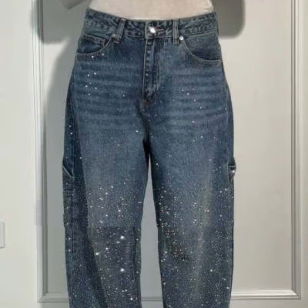 Shiny Straight-Leg Glitter Jeans with Pockets – Wide Leg Pants for Women