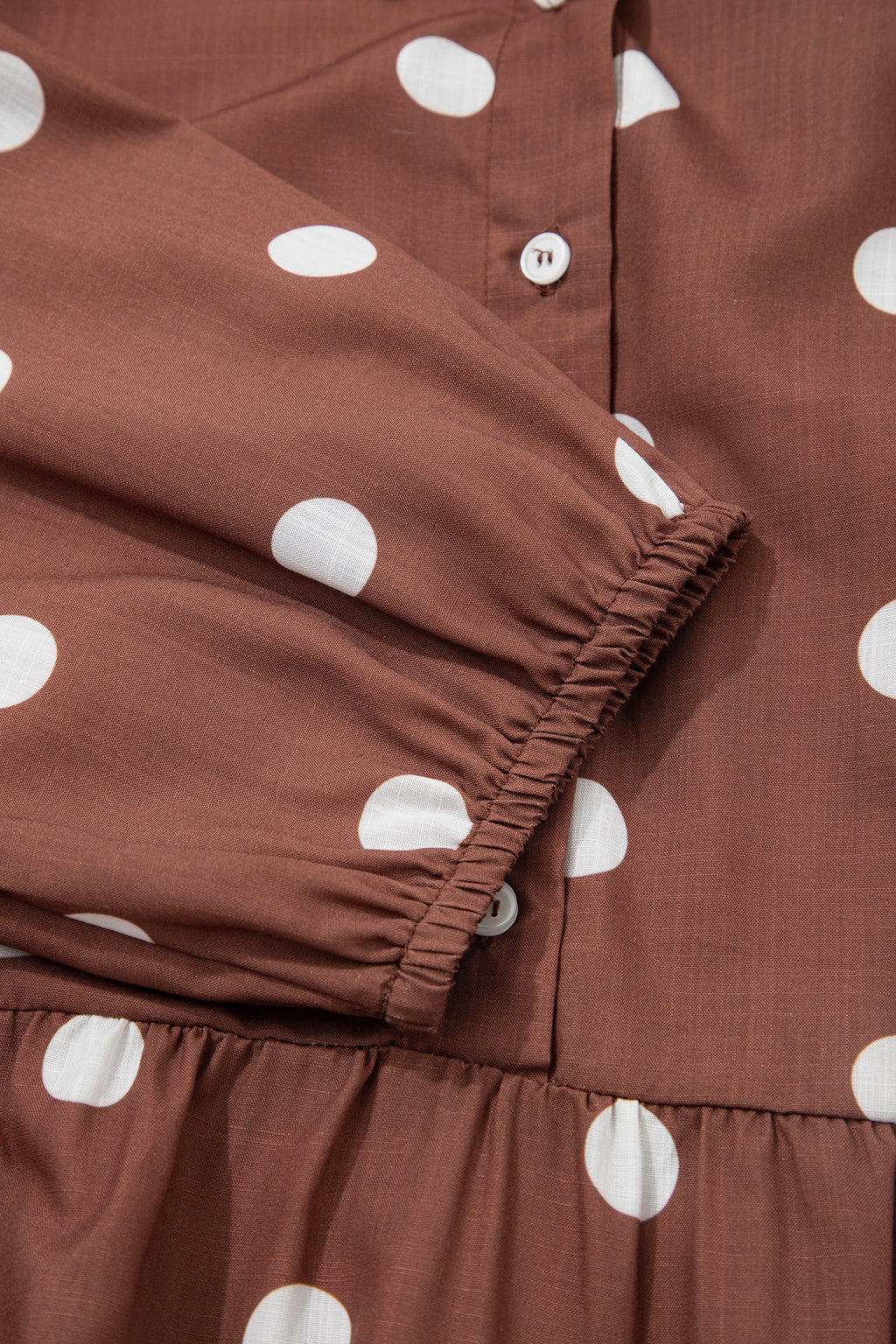 Brown Polka Dot V Neck Abdomen Pocket Gathered Cuffs Long Sleeve Shift Plus Size Dress