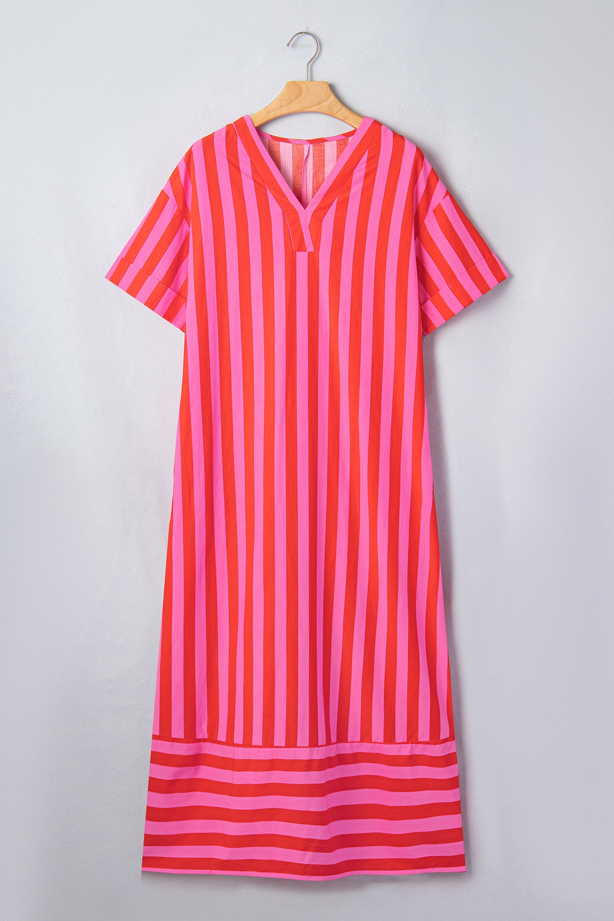 Red Stripe V Neck Cuffed Sleeve Relaxed Split Midi Dress