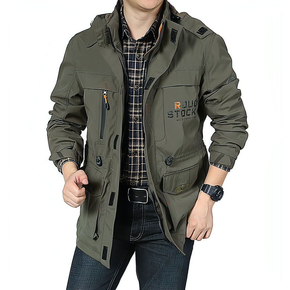 Chaqueta informal para hombre, con cuello alto, con capucha, transpirable, impermeable y larga 
