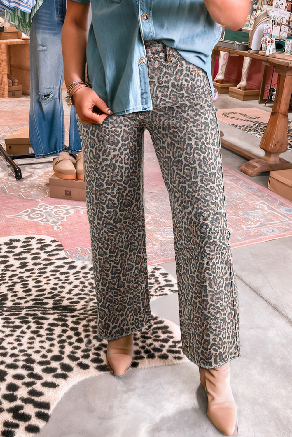 Brown Leopard Frayed Edge Wide Leg High Waist Jeans