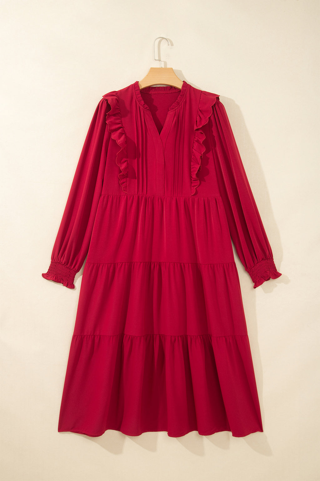 Racing Red Solid Color Ruffle Trim Long Sleeve Tiered Shift Midi Dress