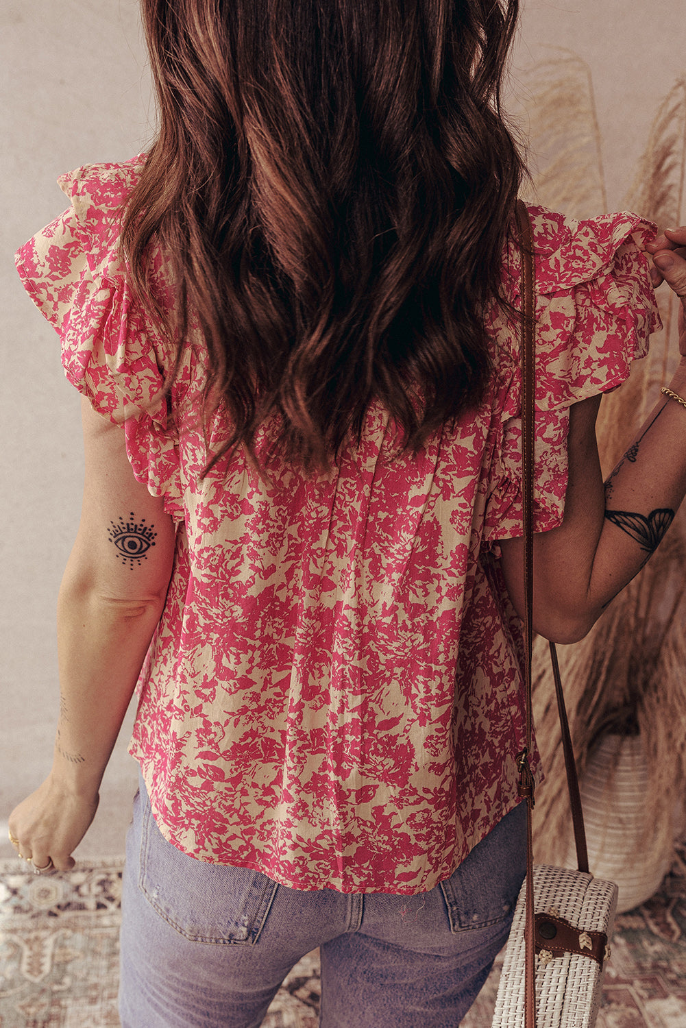 Rose Allover Printed Half Button Neck Ruffle Sleeve Blouse