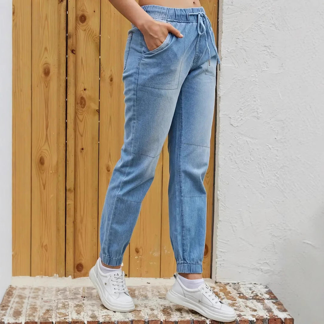 Elastic Waistband High Waist Jeans – Korean-Inspired Skinny Fit