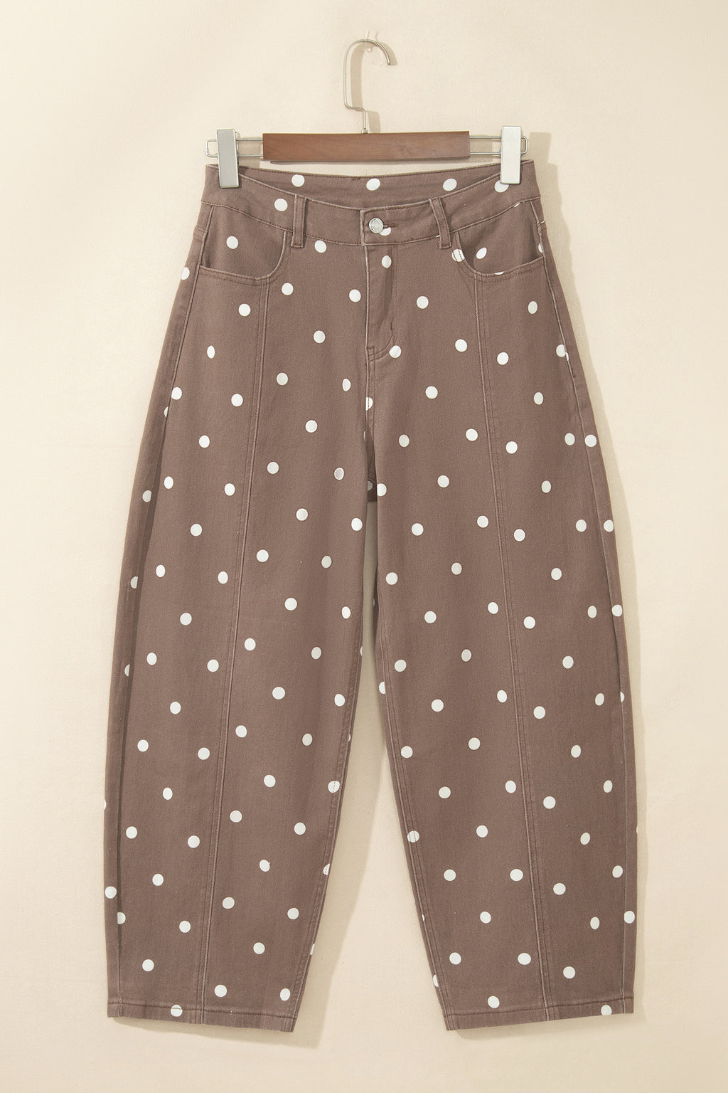 Pink Tailored Seam Polka Dot Print Barrel Casual Jeans