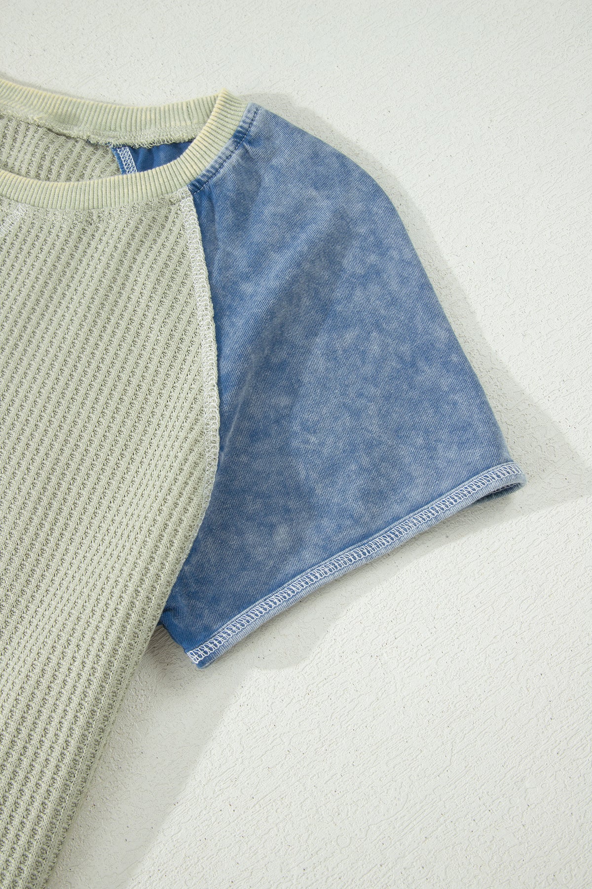 Laurel Green Waffle Knit Seam Detail Color Block Patchwork Short Sleeve Top