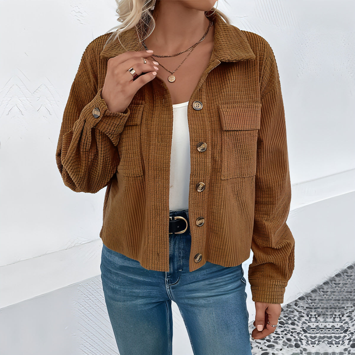 Autumn And Winter Corduroy Polo Collar Jacket Vintage Brown Pocket Coat Women