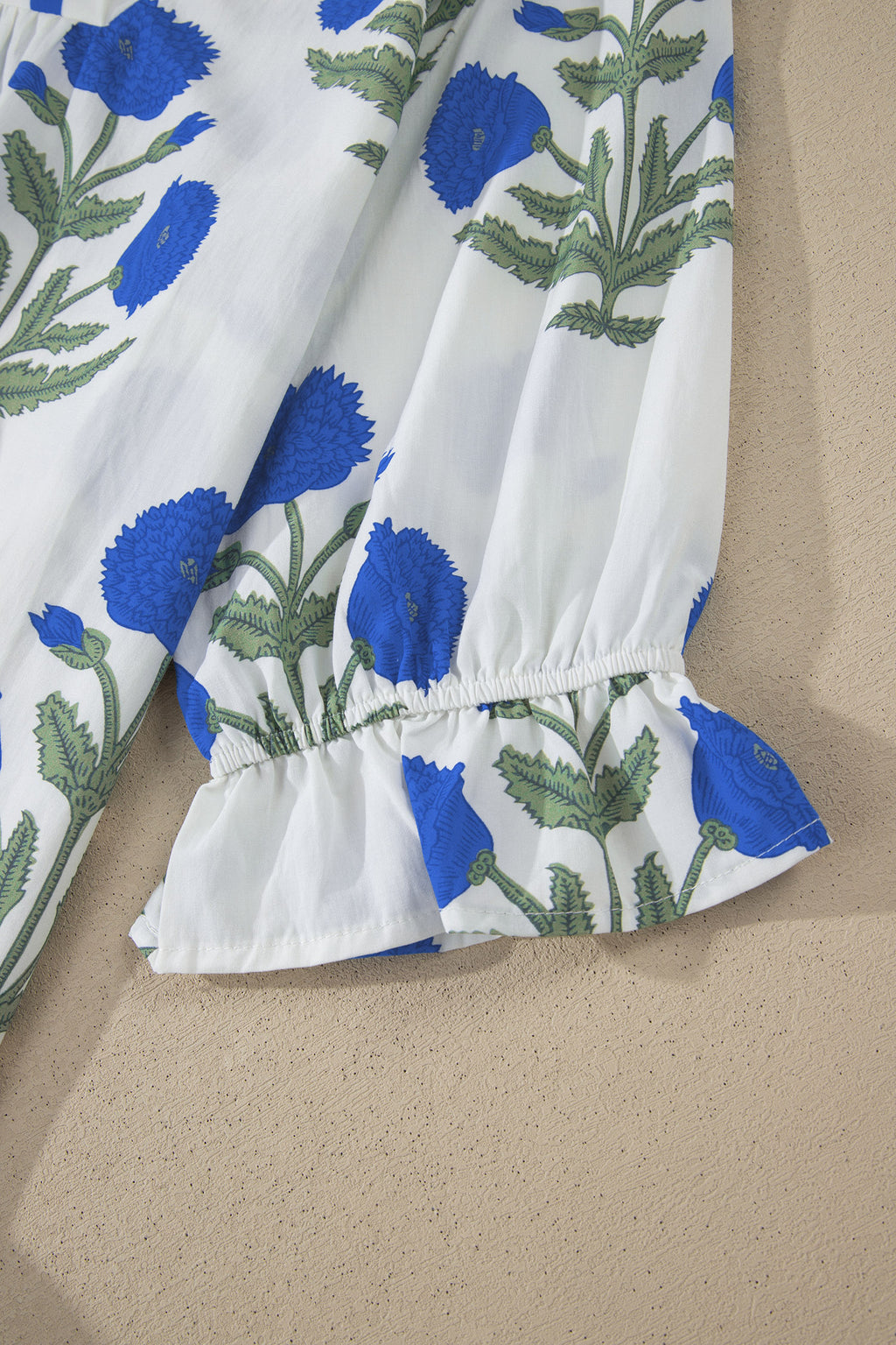 Sky Blue Casual Wild Flower Print V Neck 3/4 Sleeve Blouse