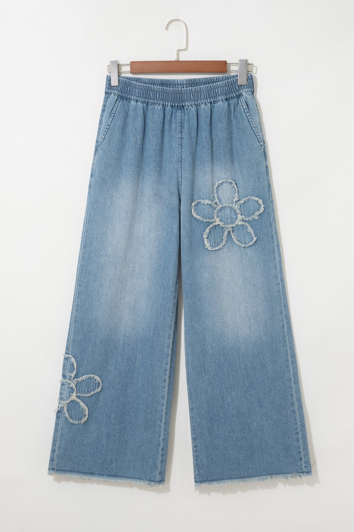 Beau Blue Frayed Floral Patch Wide Leg Raw Hem Wide Leg Jeans