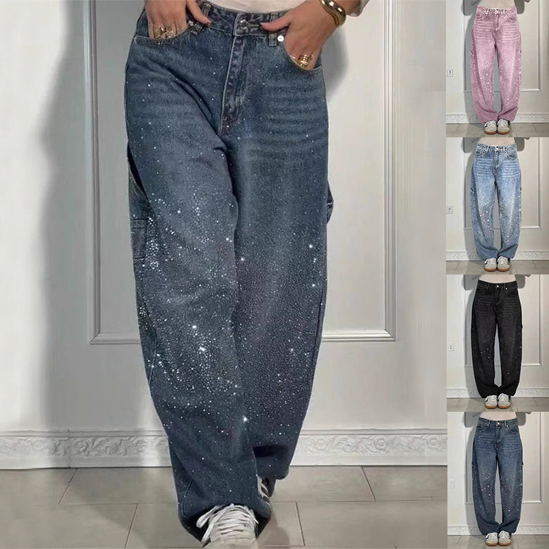 Shiny Straight-Leg Glitter Jeans with Pockets – Wide Leg Pants for Women