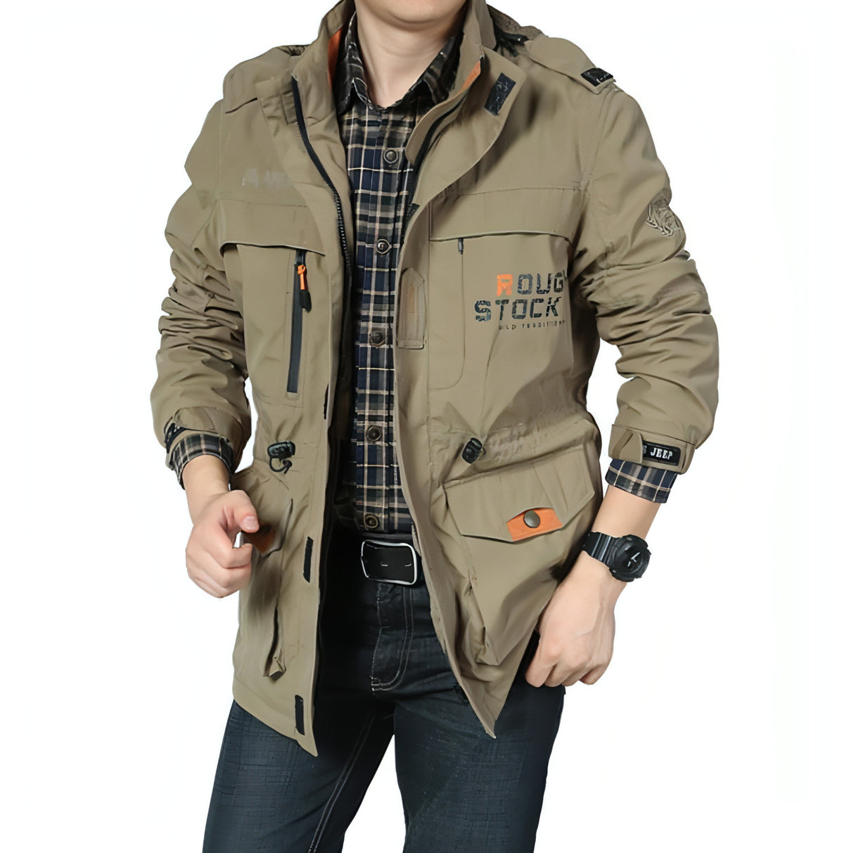 Chaqueta informal para hombre, con cuello alto, con capucha, transpirable, impermeable y larga 