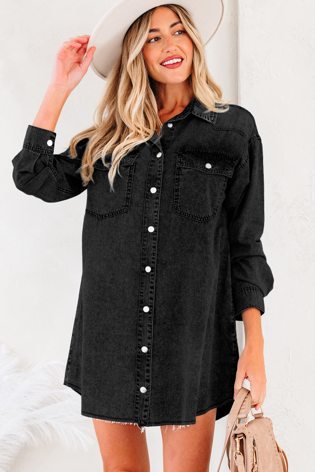 Blue Beau Chest Pocket Raw Hem Denim Loose Shirt Dress