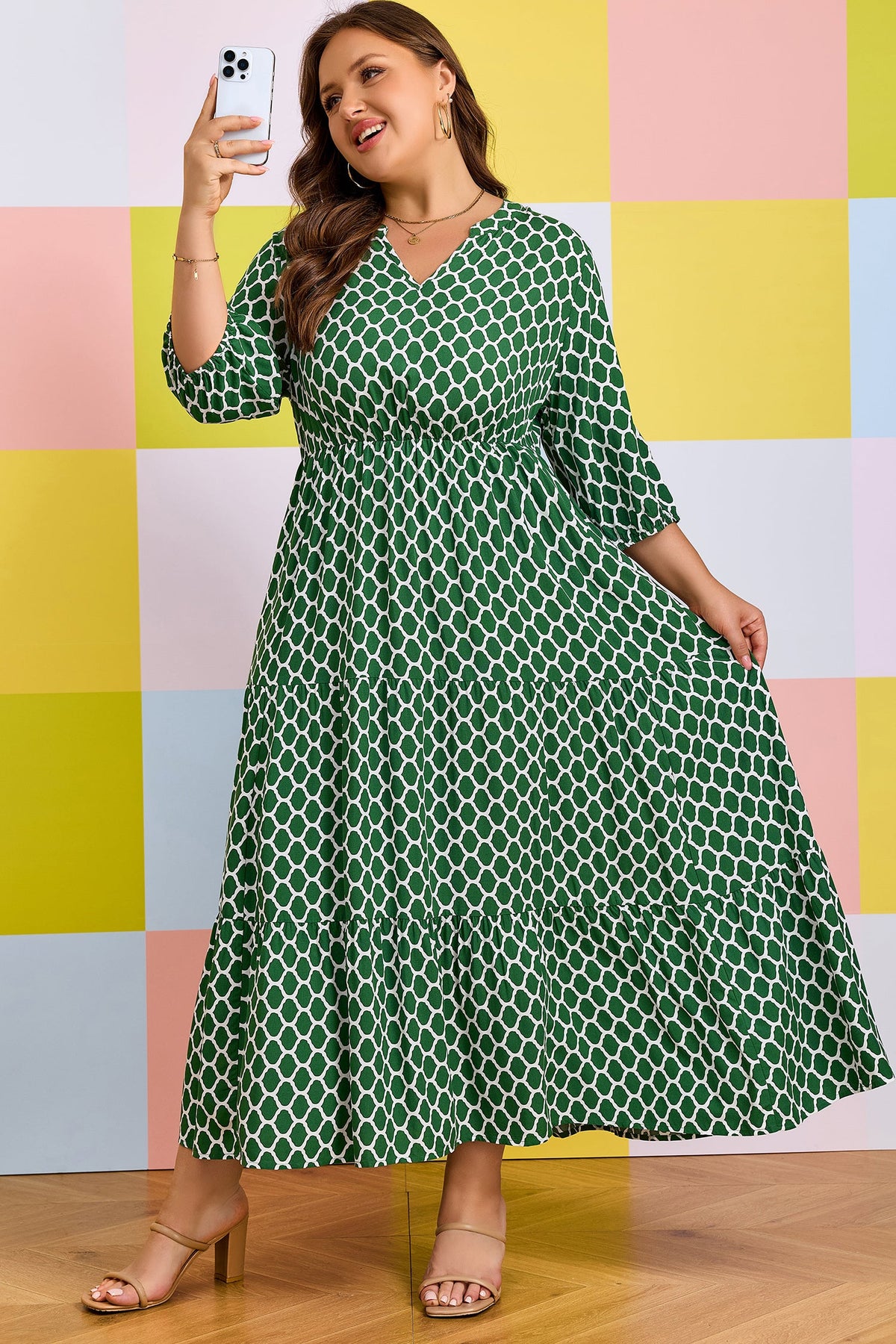 Green Plus Size Geometric Print Pocketed Ruffle Hem Casual Dress