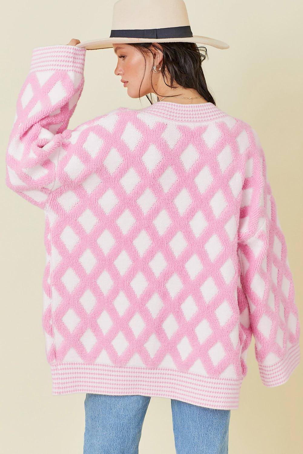 Pink Rhombus Muster Stricker vorne steckte Cardigans