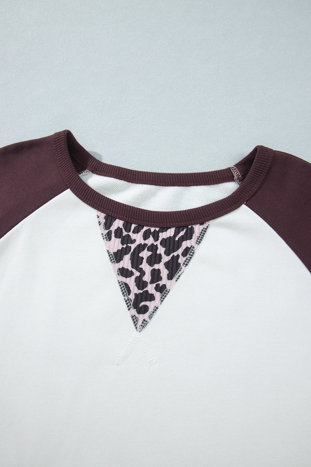 Beige Leopard Print Colorblock Round Neck Long Sleeve Plus Size Blouse