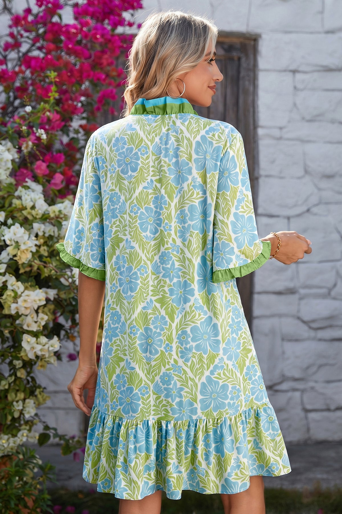 Sky Blue Botanical Floral Print Frilled Trim V Neck Button Front Loose Dress