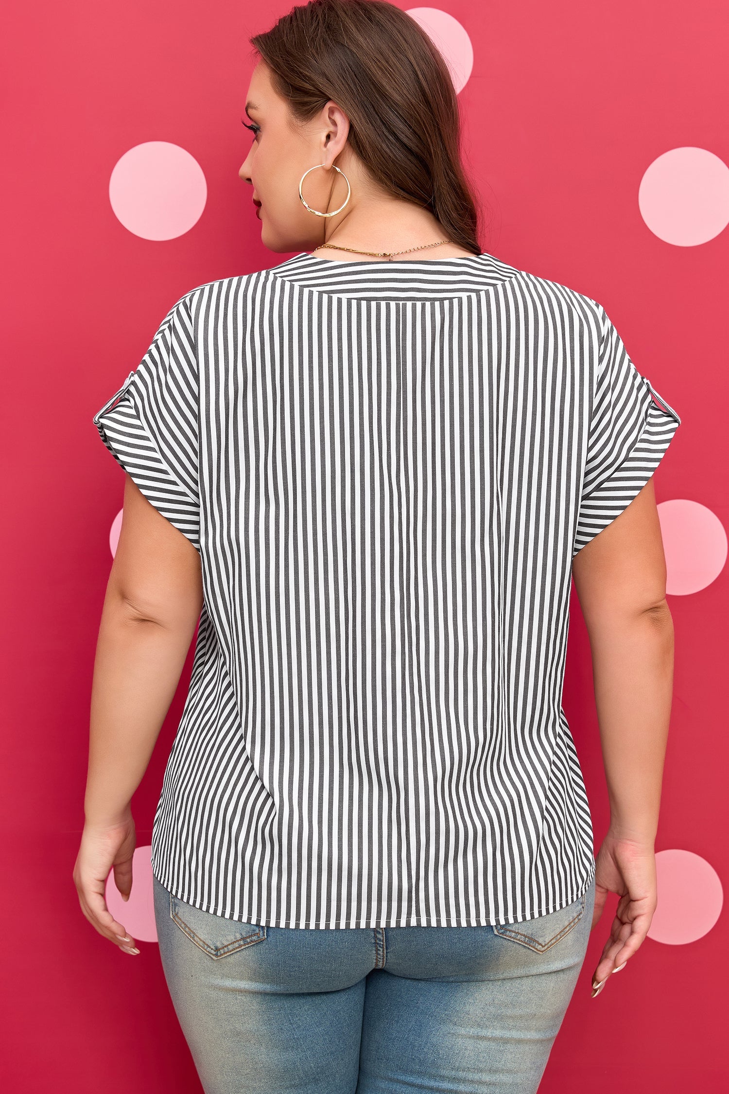 Black Stripe Plus Size V Neck Roll-tab Short Dolman Sleeve Blouse