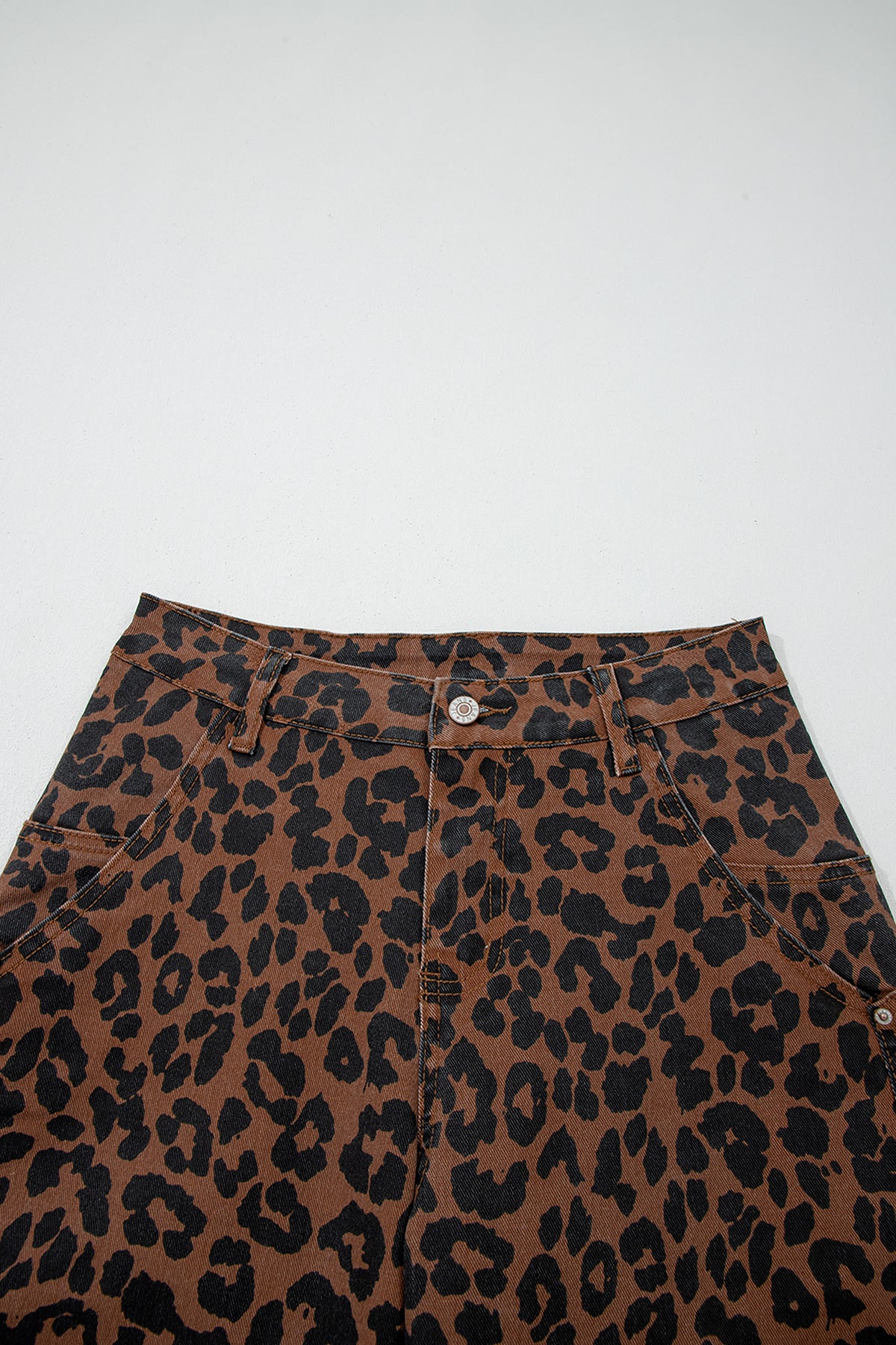 Brown Clear Seam Detail Patchwork Leopard Print Barrel Jeans