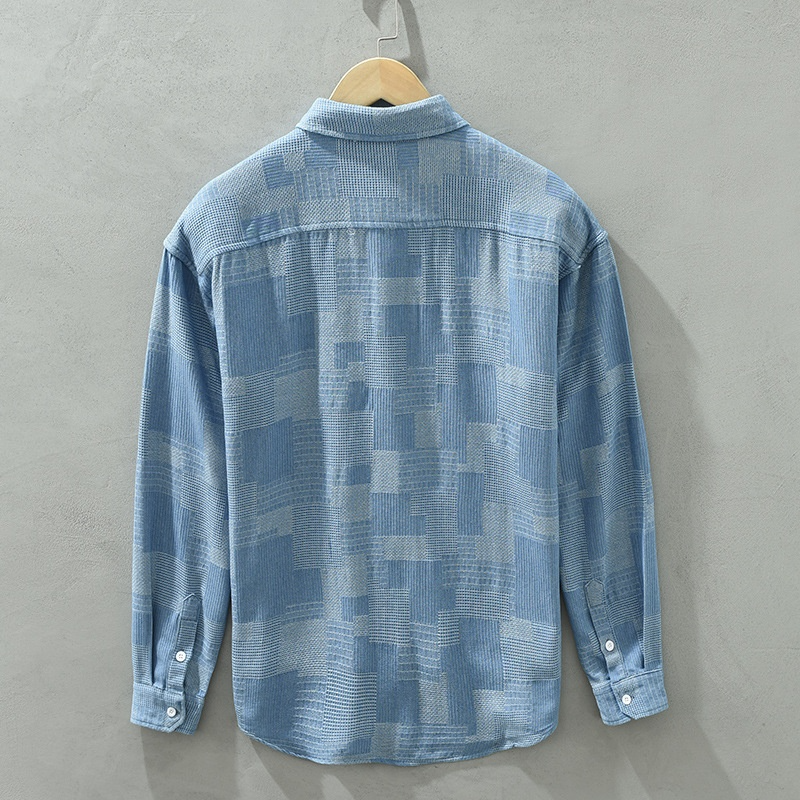 Jacquard Color Matching Casual Denim Long-sleeved DressShirt Men's