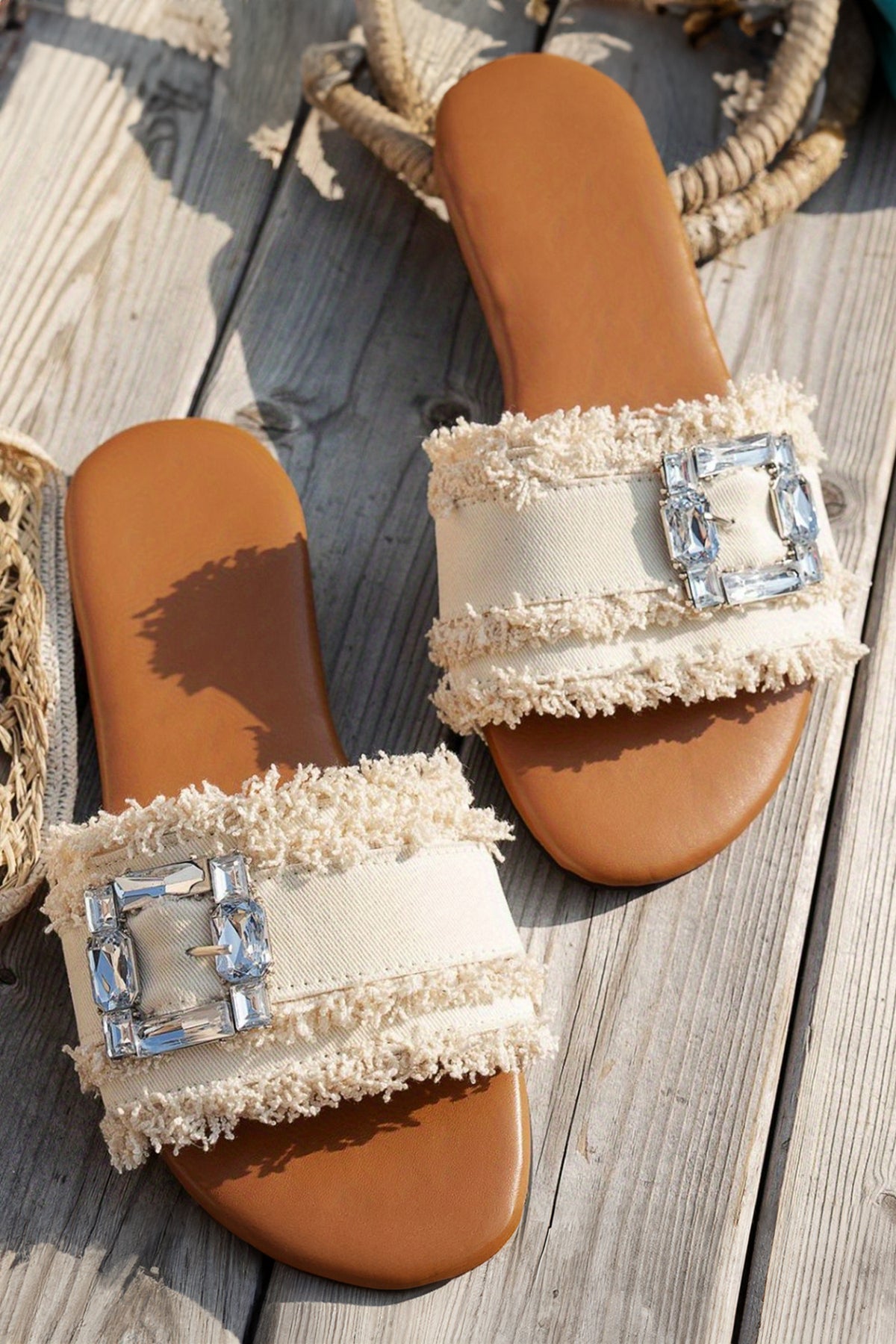 White Frayed Wide Band Rhinestone Buckle Detail Slippers