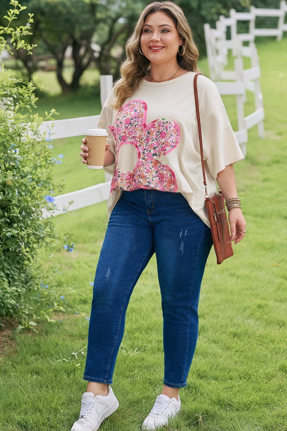 Jet Stream Big Flower Patched Plus Size Tunic T-Shirt