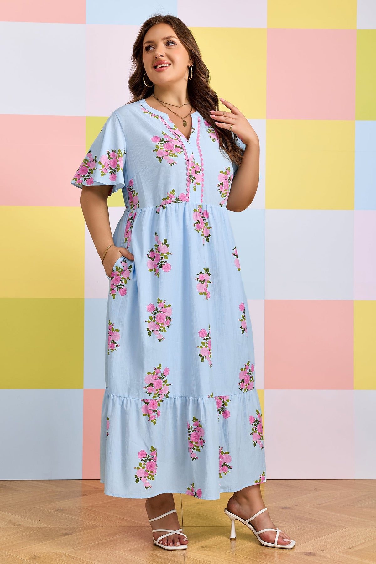 Sky Blue Plus Size Floral Print Scalloped Trim V-Neck Dress