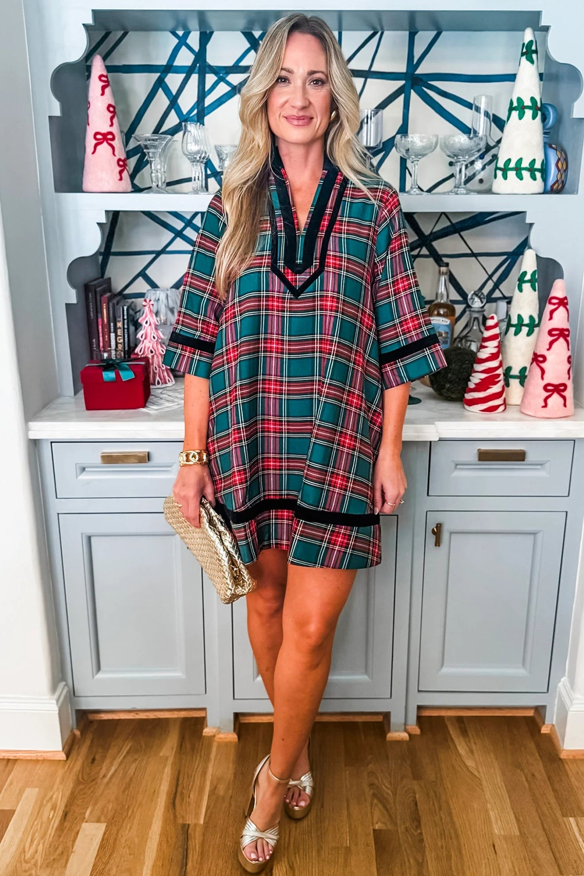 Green Plaid Velvet Trim Pockets Short Shift Dress