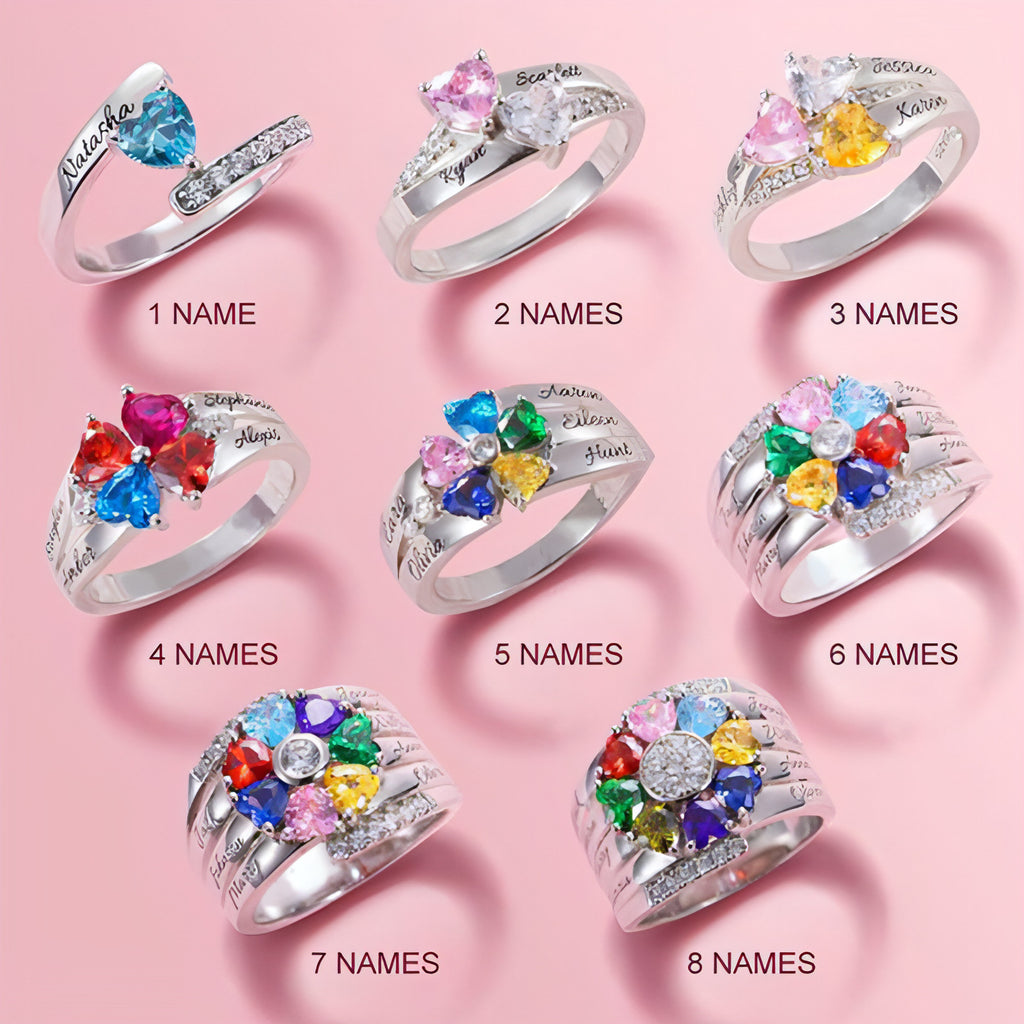 Personalized And Engraved Heart Assortment Birthstones Silver Ring