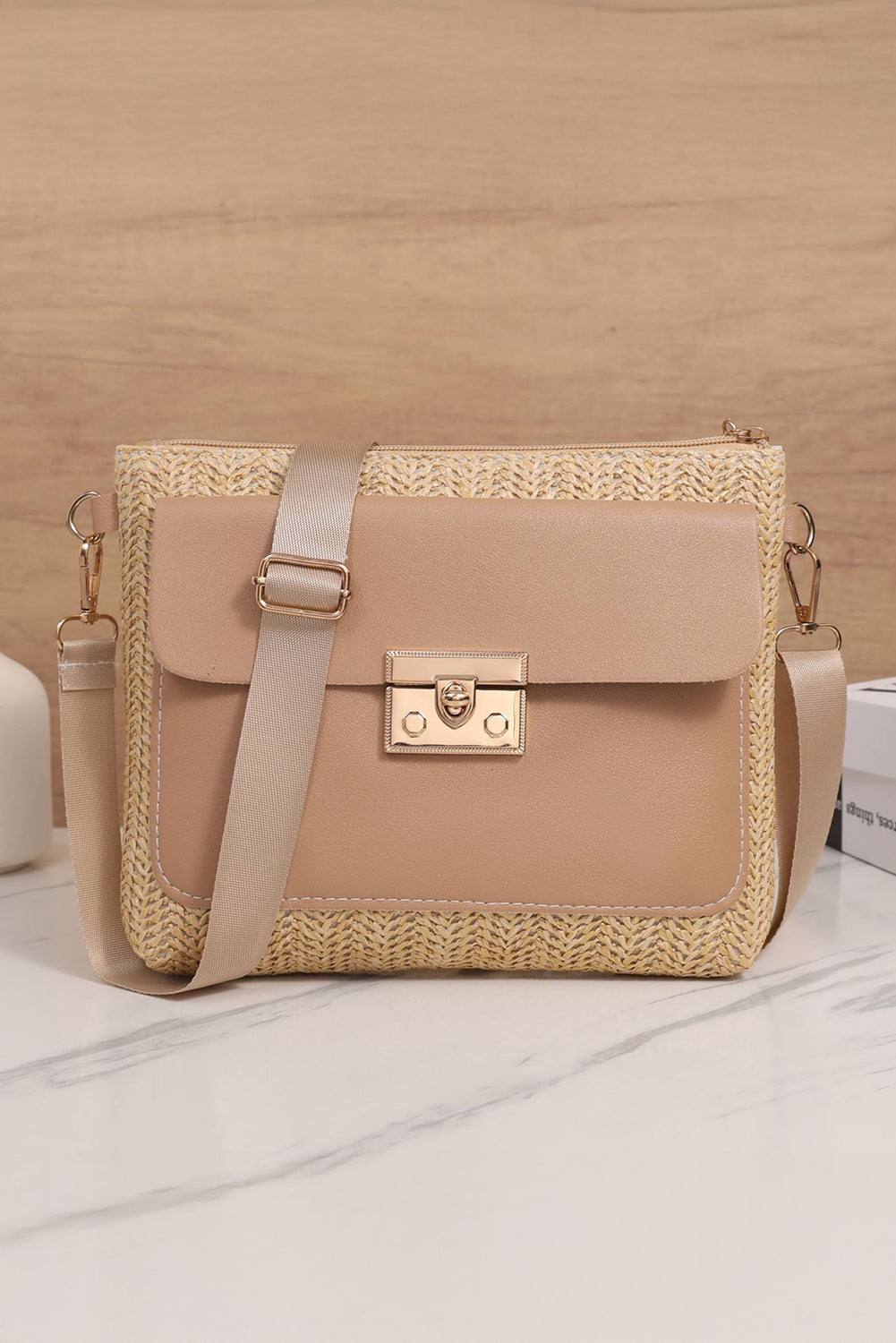 Beige Leather Pocket Patchwork Straw Woven Shoulder Bag