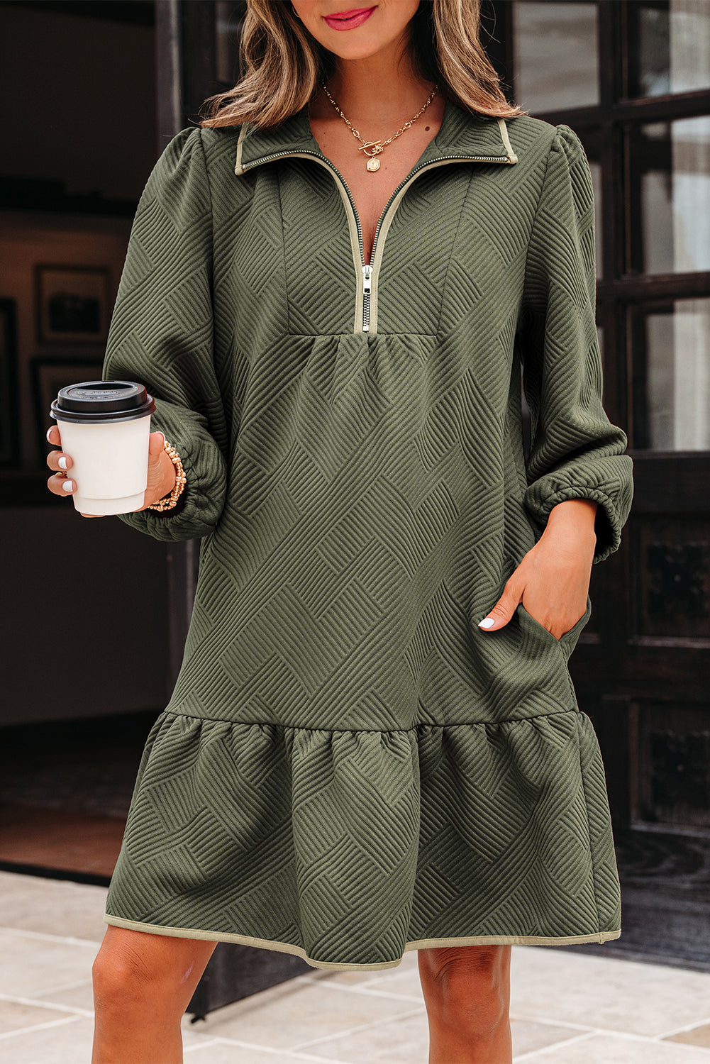 Dearlove Jungle Green  Quarter Zip Collar Bracelet Sleeve Textured Mini Dress