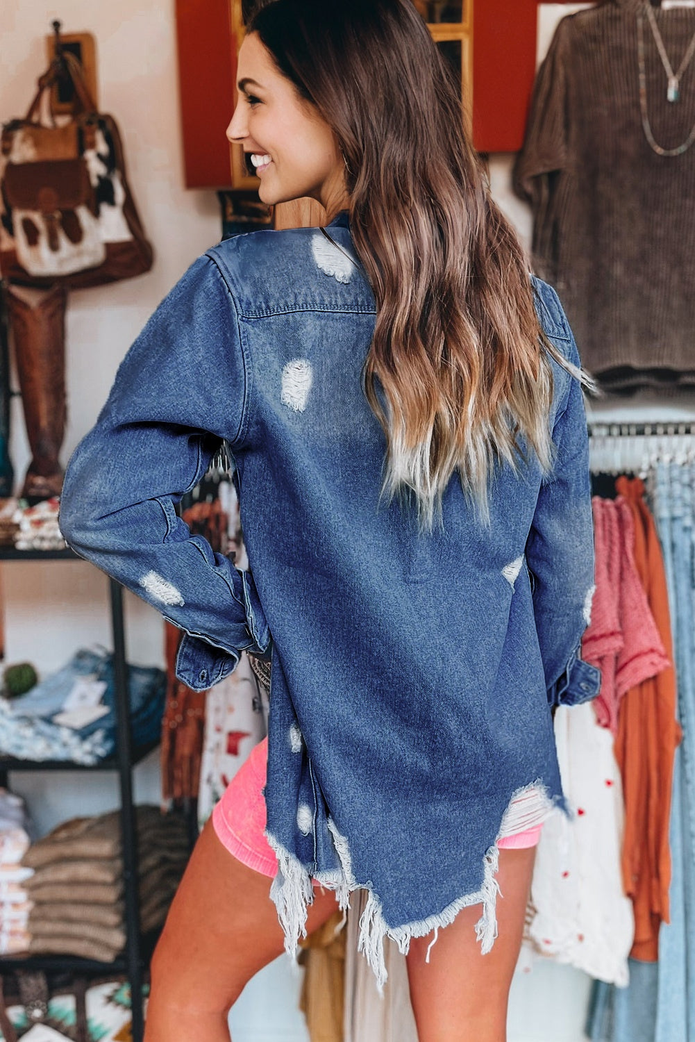 Beau Blue Mineral Wash Distressed Frayed Long Denim Jacket