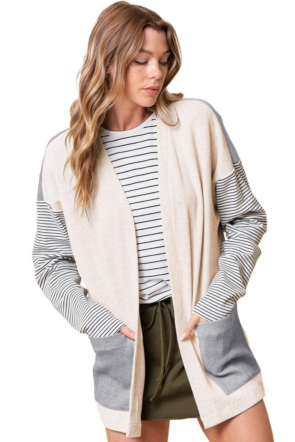 Schwarzer Streifen -Farbblöcke Patchwork Offene vorne Strickjacke mit Tasche