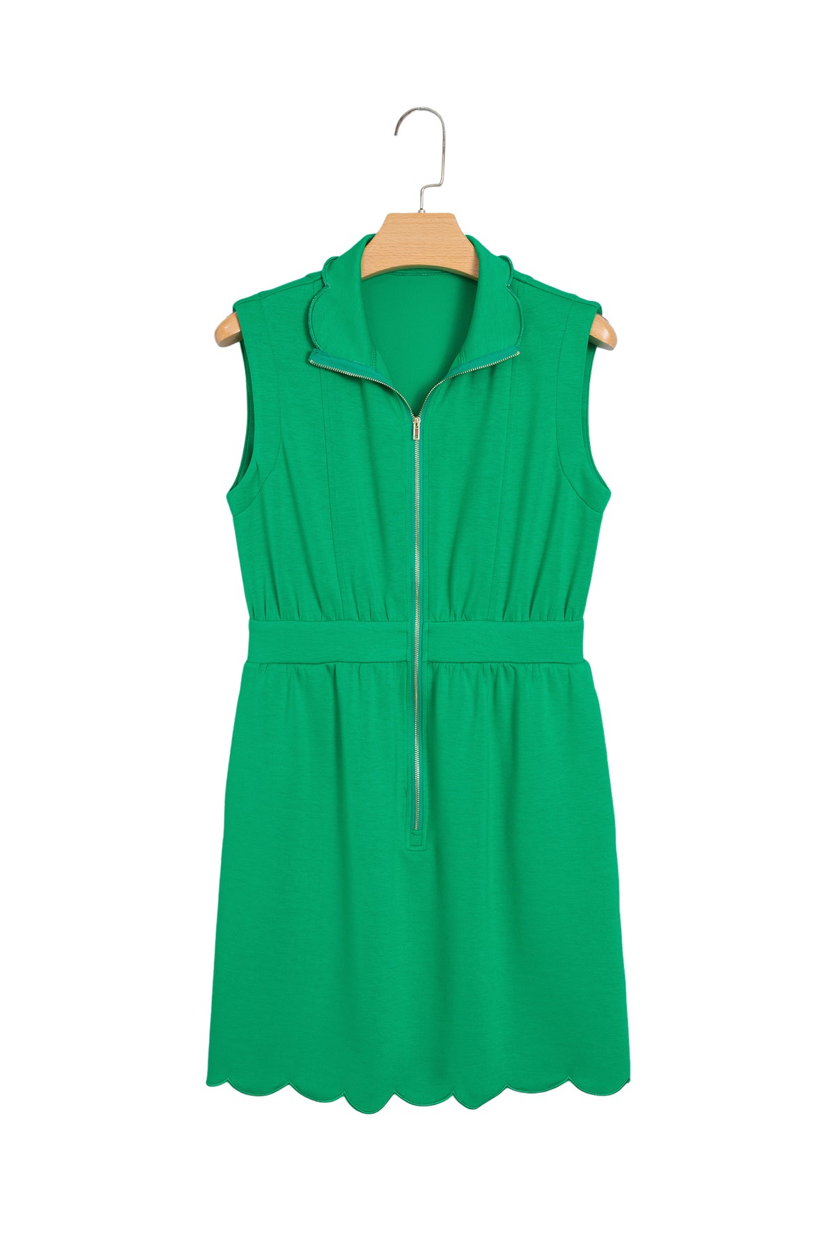 Bright Green Sleeveless Zip Front Scallop Hem Mini Dress