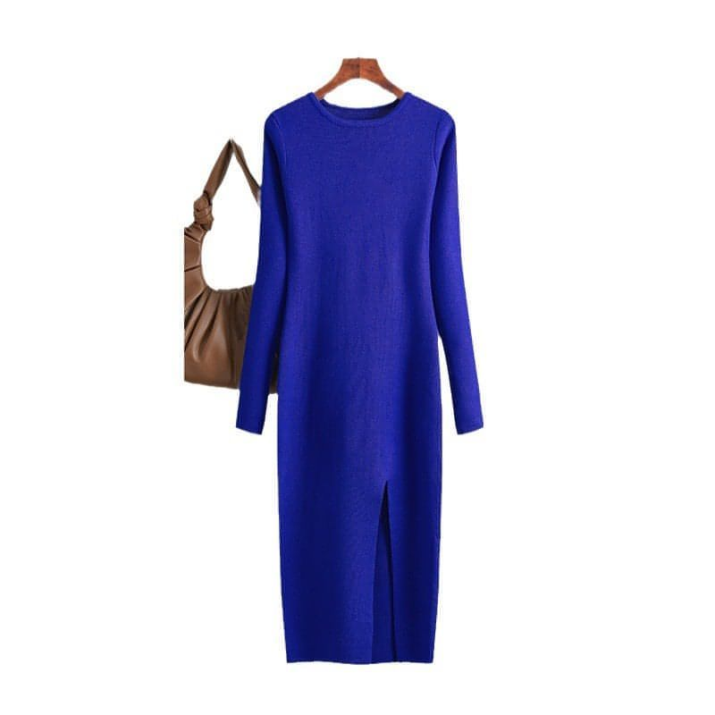 Autumn And Winter Long Sleeve Knitted Backless Round Neck Dress