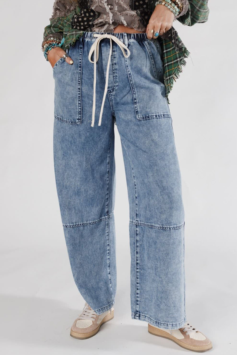 Ashleigh Blue Acid Wash Exposed Seam Drawstring Elastic Waist Barrel Jeans