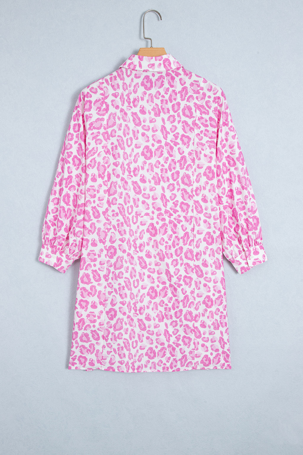Pink Abstract Leopard Print Tie Waist Puff Sleeve Mini Shirt Dress